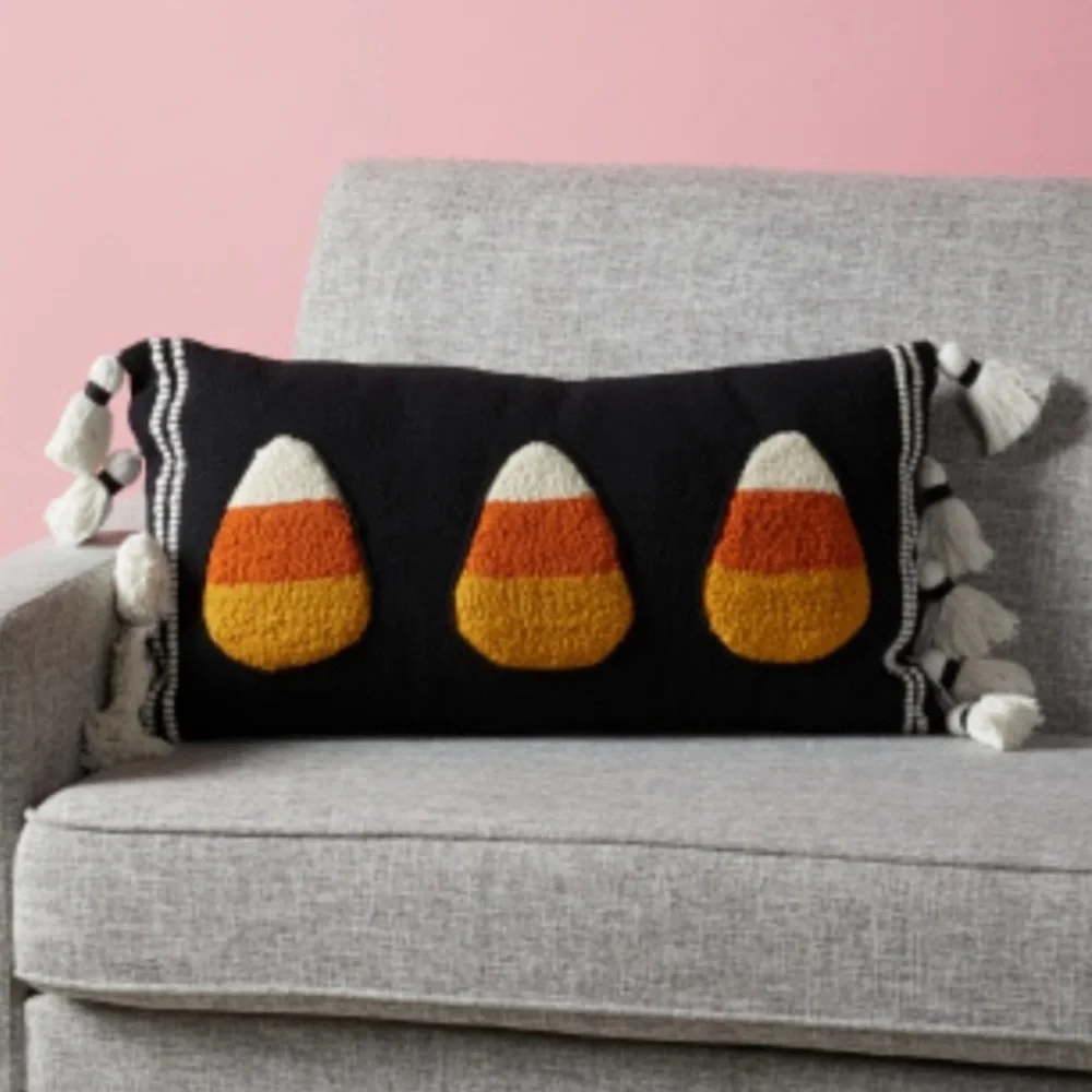 Candy Corn Halloween Tufted Embroidered Tassel Pillow Black Yellow Orange